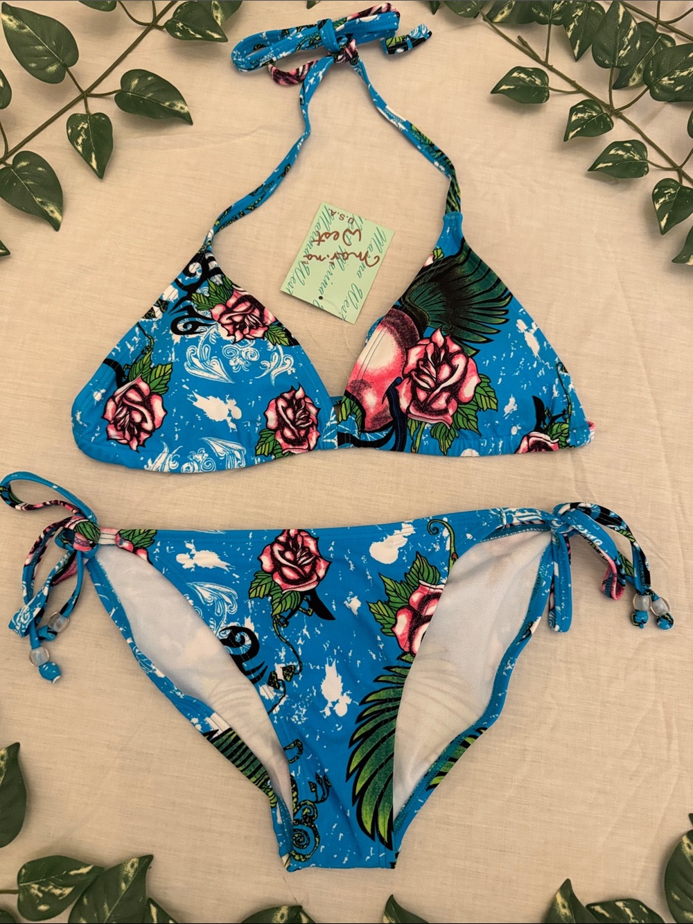 Blue Floral Tie-String Bikini Set - Women's Swim